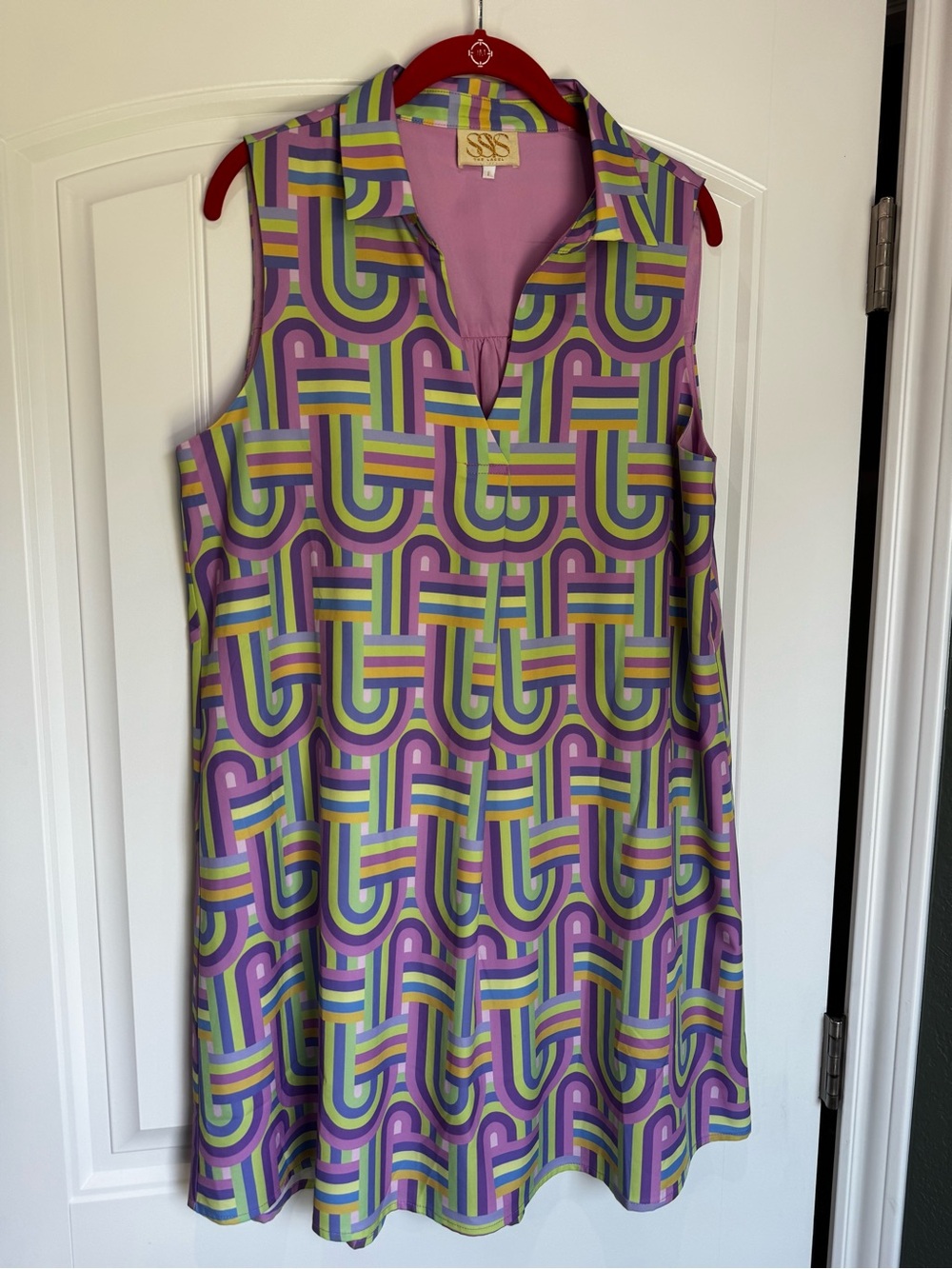 SSYS The Label Geometric Shift Dress Large Purple Green Sleeveless Collared